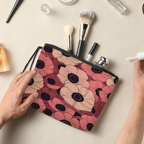Damen Blumen Leinen Kosmetiktasche Reißverschluss Reise Kulturbeutel Make-up Organizer Mit Handschlaufe Tragbar