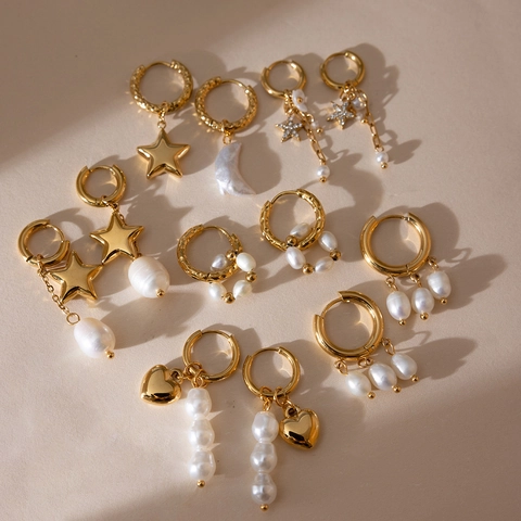 Orecchini Pendenti con Perla Artificiale Barocca in Acciaio Inossidabile Placcato Oro Stella Luna Croce Cuore Donna Gioielli