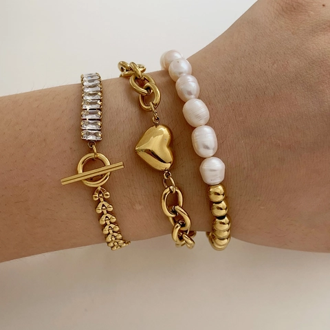 Bracciali Sovrapponibili Per Donna Acciaio Inossidabile Perla D'acqua Dolce Naturale Pendente Cuore Zircone Rettangolare Gioielli