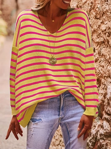 Maglione In Maglia A Righe Da Donna Scollo A V Maniche Lunghe Vestibilità Ampia Casual Morbido Poliestere Leggero Autunno Top