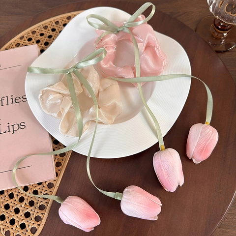 Coleteros De Flores De Tulipan Gomas Para El Pelo De Organza Con Cintas Largas Accesorios Hechos A Mano Para Mujeres