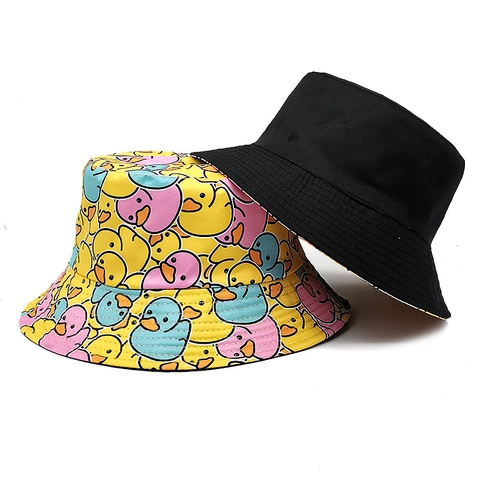 Reversible Bucket Hat Polyester Cartoon Duck Print Sun Protection Fashion Fisherman Cap Women Men