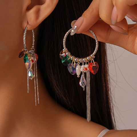 Pendientes De Aro De Cristal Bohemio Con Colgantes De Corazón Flor De Cobre Y Flecos Estilo Étnico Mujer