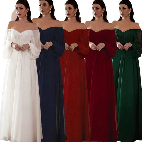 Off Shoulder Long Sleeve Wedding Dress Elegant Pleated Spandex Chiffon Maxi Evening Gown For Women Formal Party Bridal Dress