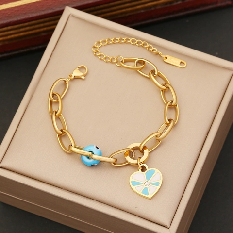 Stainless Steel Heart Pendant Necklace And Bracelet With Blue White Enamel Rhinestone Cuban Chain For Women