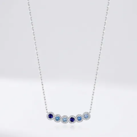 925 Sterling Silver Necklace Gradient Blue Round Cubic Zirconia Pendant Clavicle Chain Elegant Luxury Fashion For Women