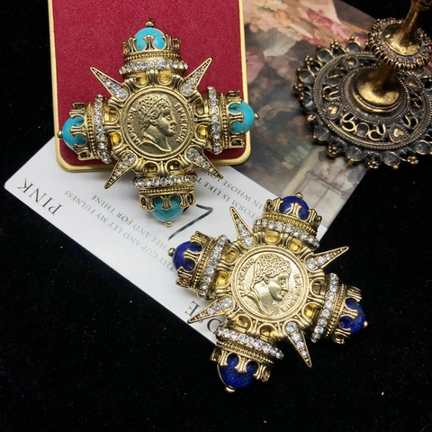 Spilla Medaglione Barocco Vintage Ritratto Napoleone Lega Dorata Perla Artificiale Strass Croce Medaglia Gioielli da Donna