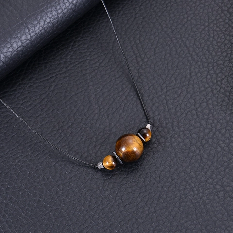 Natural Tiger Eye Stone Pendant Necklace Handcrafted Round Gemstone Bead Black Woven Rope Cord Adjustable Healing Amulet