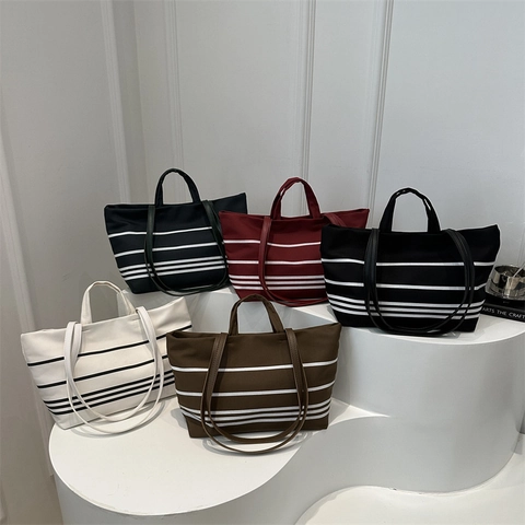 Borsa Tote In Tela A Righe Da Donna Grande Capacità Borsa A Spalla Minimalista Con Chiusura Magnetica Quotidiana