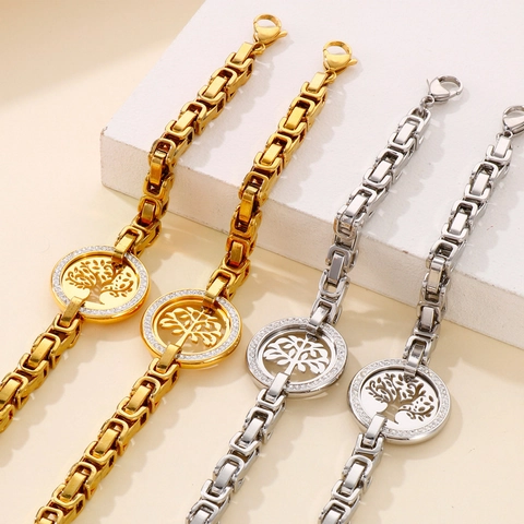 Bracciale Albero Della Vita Acciaio Inossidabile Zircone Catena Bizantina Ciondolo Cavo Donne Moda Di Lusso Gioiello