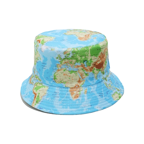 World Map Print Bucket Hat Polyester Sun Protection Outdoor Travel Fisherman Cap For Men Women Casual Style