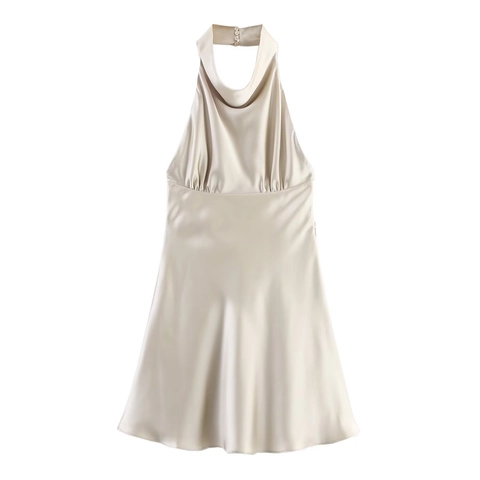 Halfter Satin Minikleid Wasserfall Ausschnitt Ärmellos Rückenfrei Elegant Party Cocktail Mode Für Frauen