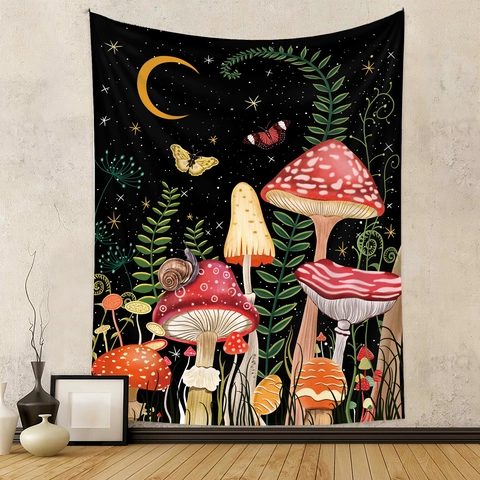 Tapiz De Hongos Bosque Fantasía Colgante De Pared Luna Estrella Mariposa Poliéster Estético Tela Decorativa Para Dormitorio Sala