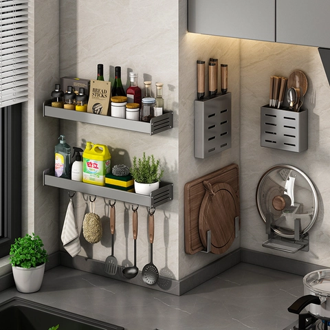 Gun Grey Kitchen Storage Rack Wall Mounted Space Aluminum Spice Organizer Punch-Free Knife Holder Multipurpose Heavy Duty Modern