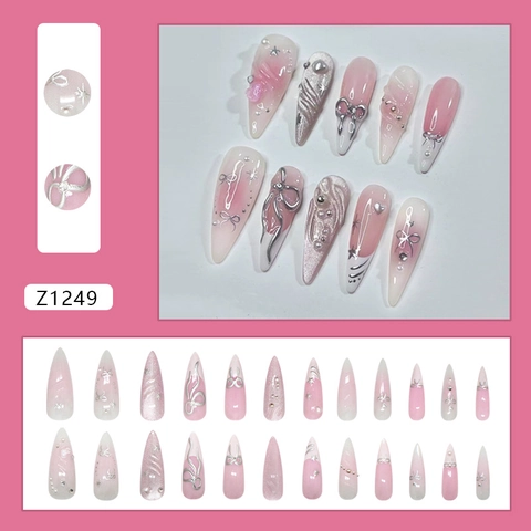 Uñas Postizas Rosa Blanco Degradado Ojo De Gato Brillo Largo Almendra Lazo 3D Estrella Corazón Perla Artificial Elegante Femenino