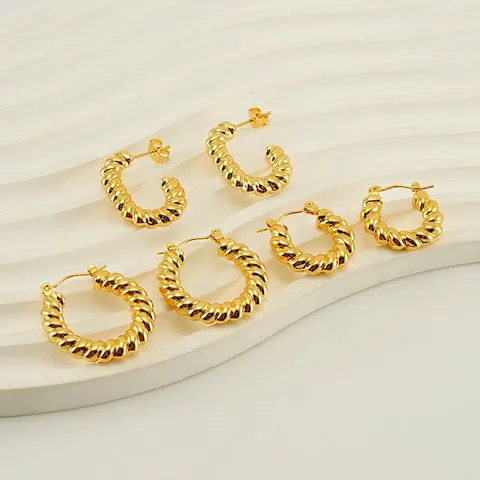 Twisted Rope Hoop Earrings For Women With Stainless Steel Earring Post 18K Gold Plated Vintage Croissant Style Jewelry