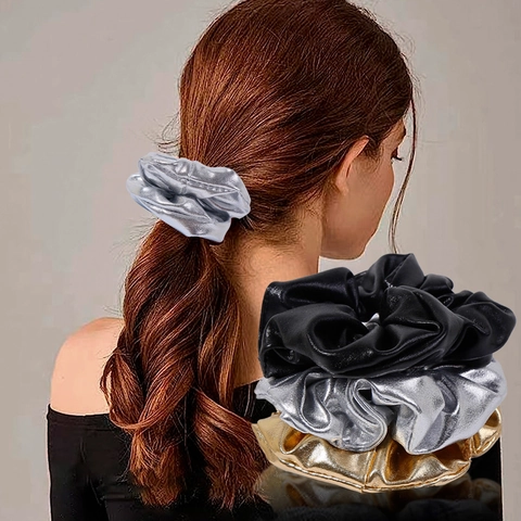 Metallic Glossy PU Leather Scrunchies High Elastic Shiny Hair Ties Fashion Headwear For Women Cosplay Party Decor