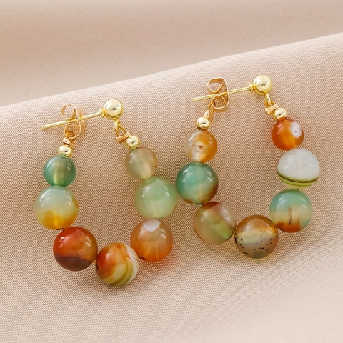 Vintage Multi-Color Natural Stone Agate Beaded Hoop Stud Earrings For Women Retro Bohemian Light Luxury Style Accessory