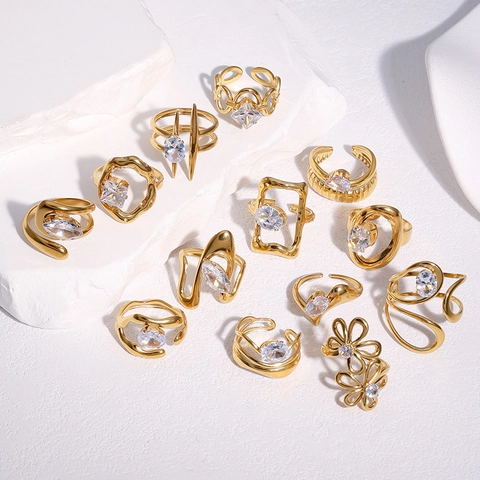 Irregular Flowing Ring Stainless Steel Gold Plated Inlaid Zirconia Adjustable Open Jewelry For Women