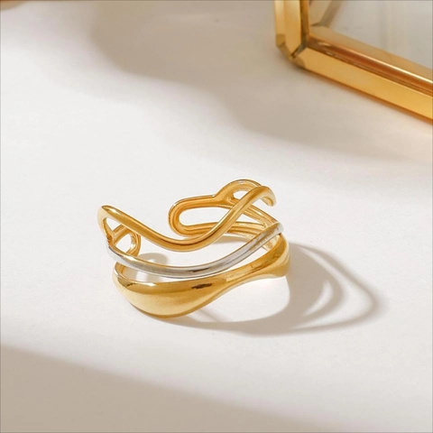 Multi Layer Wasserwelle Ring Edelstahl Zwei Farbtöne Gold Silber Welle Geometrisch Offen Verstellbar Schmuck Für Frauen