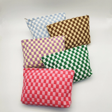 Knitted Checkerboard Makeup Bag Large Capacity Polyester Yarn Zipper Cosmetic Pouch Travel Toiletry Organizer For Women
