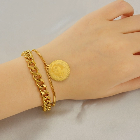 Double Layer Stainless Steel Chain Bracelet 18K Gold Plated Queen Head Coin Pendant Curb Link Jewelry For Women Men