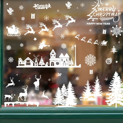 Christmas Window Stickers Static Cling Reusable PVC Santa Claus Reindeer Snowflake Holiday Glass Decals White Shop Window