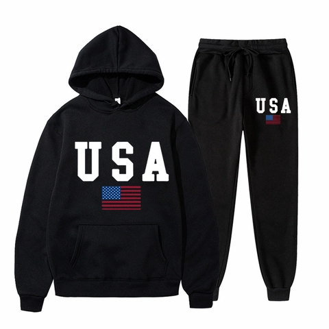 Men Hoodie And Jogger Pants Polyester USA Flag Print Casual Sports Outfits Hooded Pullover Long Sleeve