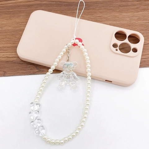 Fashion Faux Artificial Pearl Phone Strap With Holographic Bear Butterfly Pendant Sweet Heart Beads Mobile Phone Lanyard Anti-drop Wrist Chain For Women Girls