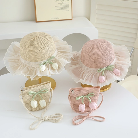 Girls Kids Straw Sun Hat With Lace Ruffle Edge And Tulip Flower Pendants Summer Breathable Elegant Princess Style
