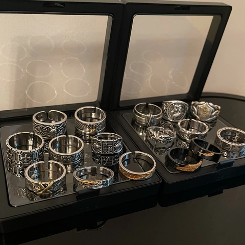 Set Anelli in Rame Vintage Uomo Retro Gothic Punk Regolabili Aperti Colore Argento Antico Oro Volpe Croce Corona Gioielli Regalo