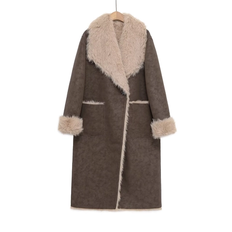 Abrigo Largo De Piel Sintética Y Ante Para Mujer Reversible Patchwork Solapa Chaqueta Cálida Elegante Lujosa Invierno
