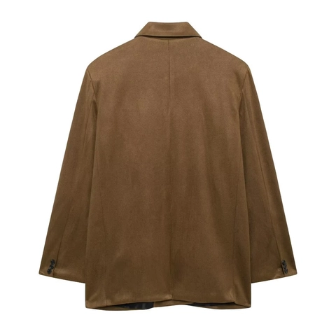 Women Fashion Suede Texture Double Breasted Blazer Notch Lapel Mid Length Solid Color Long Sleeve Suit Jacket Outwear
