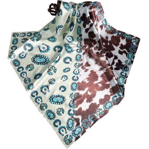 Western Stijl Vierkante Sjaal Satijn Polyester Koeienprint Turquoise Sieradenpatroon Vintage Mode Voor Dames