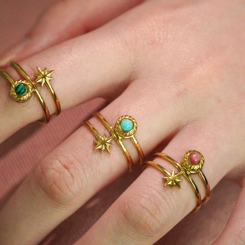 Vintage Stainless Steel Open Ring Eight Pointed Star Natural Stone Malachite Tiger Eye Adjustable Geometric Jewelry Ring
