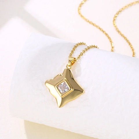 Stainless Steel Necklace With Square Zircon Pendant Geometric Clavicle Chain For Women Fashion Shiny Jewelry