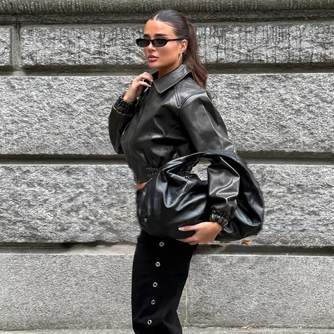 Women Cropped PU Leather Jacket Lapel Zipper Long Sleeve Slim Fit Streetwear Solid Black Outerwear