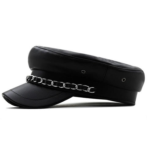 Berretto Da Marinaio Donna Pelle PU Stile Britannico Retrò Cappello Piatto Con Catena In Metallo Argentato Moda Versatile