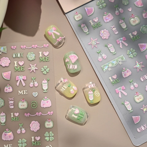 Autocollants Ongles Relief 3D Nœuds Mignons Fruits Pastèque Rose Vert Autocollants DIY Pour Femmes Enfants
