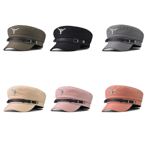 Bull Head Metal Decor Military Cap Vintage Fiddler Hat With PU Leather Band Cotton Blend Flat Top Beret Women Casual