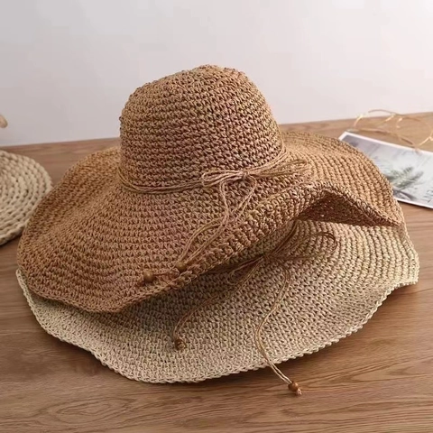 Cappello Di Paglia A Tesa Larga Carta Intrecciata Pieghevole Fiocco Perline In Legno Estate Spiaggia Protezione Solare Per Donne