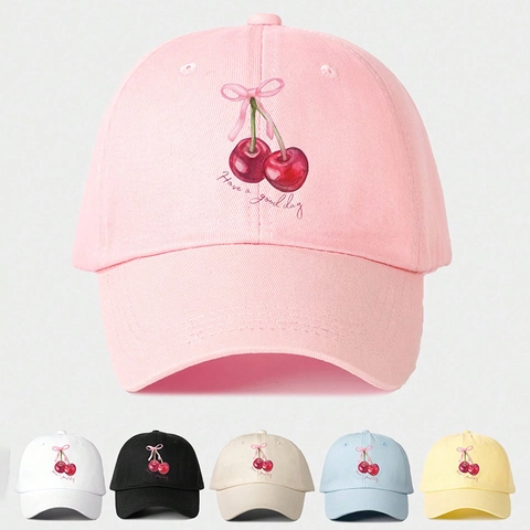 Cappello Da Baseball In Cotone Da Donna Stampa Ciliegia E Fiocco Have A Good Day Regolabile Visiera Curva Cappello Alla Moda