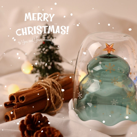 Taza De Vidrio Doble Pared Árbol De Navidad Taza De Café Aislada Resistente Al Calor Copo De Nieve Estrella Decoración