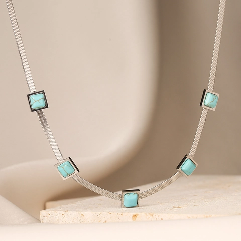 Necklace Titanium Steel Snake Bone Chain With Square Turquoise Inlay Vintage Bohemian Style Jewelry For Women