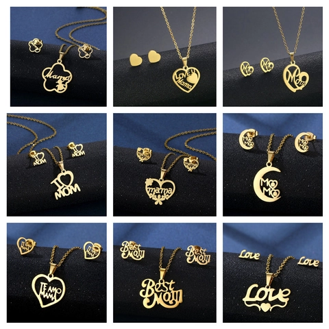 Mama Stainless Steel Jewelry Set Heart Moon Pendant Necklace Stud Earrings Mothers Day Gift For Women Fashion Jewelry
