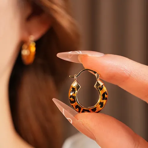 Luipaard Emaille Hoop Oorbellen Goud Verguld Koper Met Stalen Oorpunt Rond Vintage Stijl Vrouwen Sieraden Retro