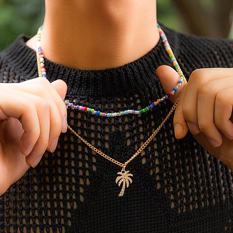 Collar De Capas Cadena Dorada Aleación Cuentas De Semillas Coloridas Estrás Colgante Palmera Playa Verano Joyería Hombre