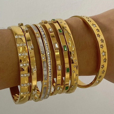 Women Stainless Steel Gold Plated Bangle Bracelet With Zirconia Emerald Green Gemstone Waterproof Light Luxury Jewelry