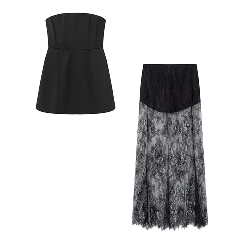 Women Elegant Tube Top And Lace Long Skirt Summer Strapless Sleeveless Polyester Streetwear Outfits