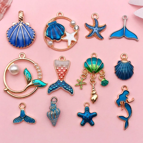Ocean Theme Enamel Alloy Charms Mermaid Starfish Shell Mermaid Tail Pendants DIY Jewelry Making Necklace Accessories